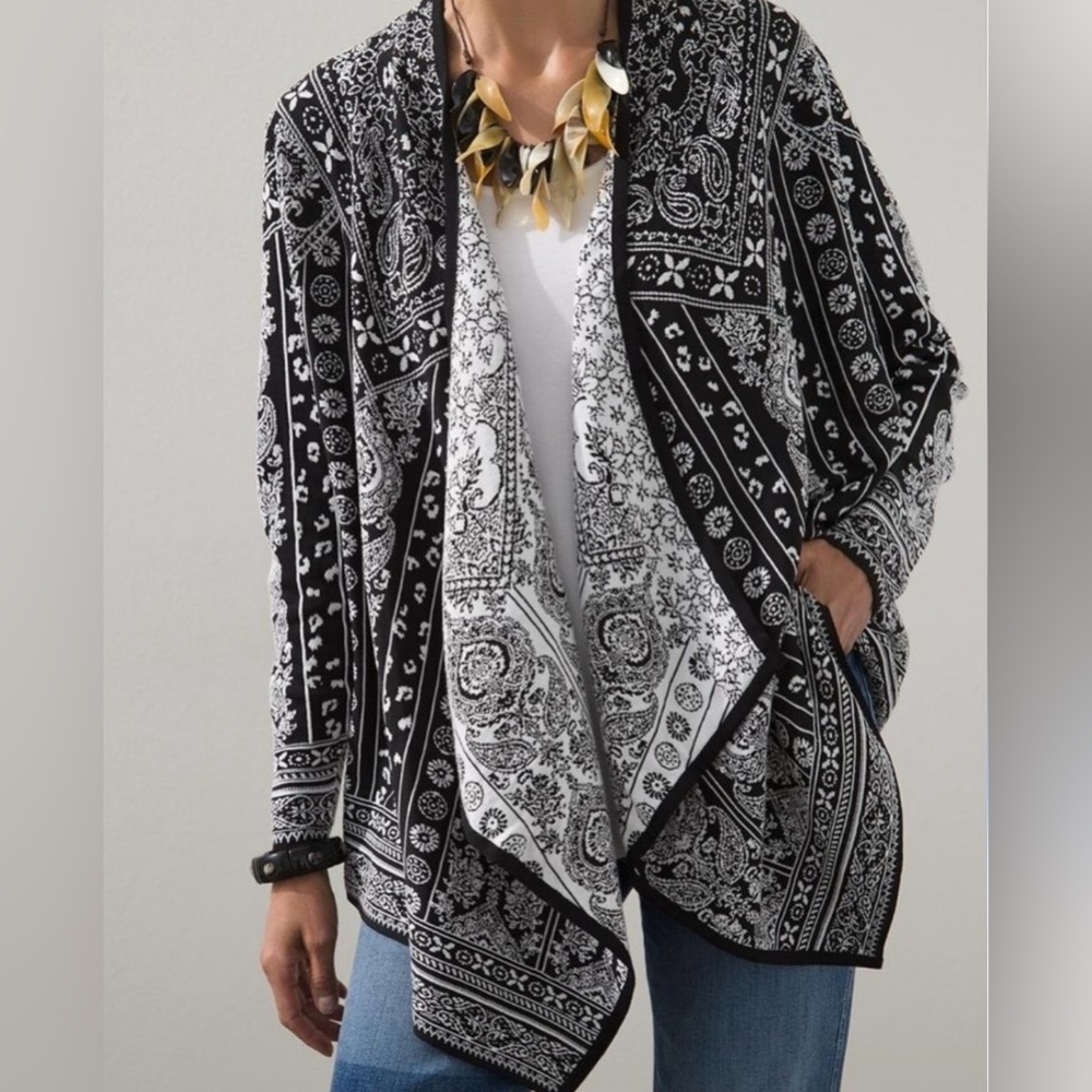 Chico's Black & White Bandana Print Open Draped Cardigan Sweater Women’s Medium